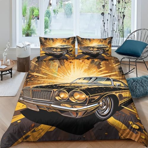 AAHARYA Muscle Car Bettwäsche Oldtimer Bettbezug Set 3 Teilig Bettbezug Kopfkissenbezug,Microfaser Bettbezüge Mit Reißverschluss Double（200x200cm） von AAHARYA