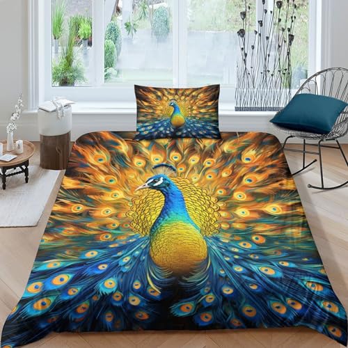 AAHARYA Pfau Bettbezug-Set Für Kind Mit Farbe-Druck,3D Bettbezug Set Mit Reißverschluss, Bettwäsche Sets Geschenke Für Kind Single（135x200cm） von AAHARYA