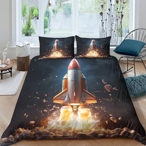AAHARYA Rakete 3D Print Betten Set Raumschiff Bettwäsche Set Microfaser Raumschiff Bettbezug Mit Kissenbezug King（220x240cm） von AAHARYA