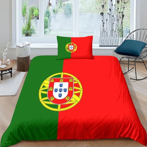 Flaggege von Portugal 3D-gedruckte Raumdekoration, 3-teiliges Bettwäsche-Set,Nationale Flaggege, Gemütlicher, Pflegeleichter Bettbezug Aus Polycotton, Mit Verdecktem Reißverschluss Single（135x200cm） von AAHARYA