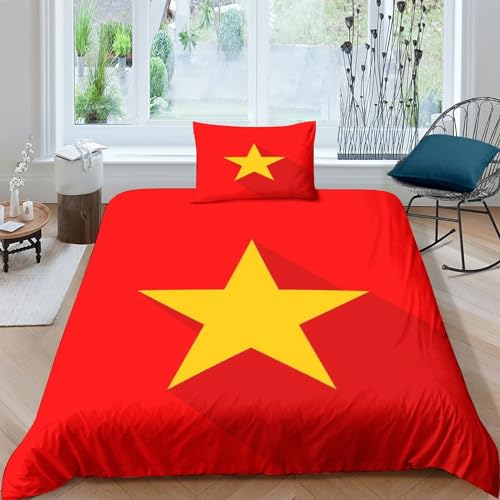 Flaggege von Vietnam 3D-gedruckte Raumdekoration, 3-teiliges Bettwäsche-Set,Nationale Flaggege, Gemütlicher, Pflegeleichter Bettbezug Aus Polycotton, Mit Verdecktem Reißverschluss Single（135x200cm） von AAHARYA