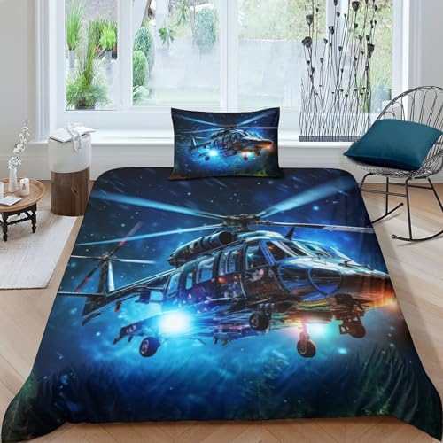 AAIRRA 3D Cooler Hubschrauber Muster Bettwäsche Set Bettbezug Set Bedruckte Mikrofaser Tröster Abdeckung 2 Stück Kinder Teenager Bett Sets Mit Kissenbezüge Single（135x200cm） von AAIRRA