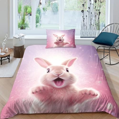 AAIRRA Bettbezug Set Pink Hase Bettwäscheset 3D Druck Mikrofaser Bettbezug Mit Kissen,Niedliches Kaninchen Steppdeckenbezug 2 Stück,Reißverschluss,Weich Für Mädchen Und Jungen Single（135x200cm） von AAIRRA