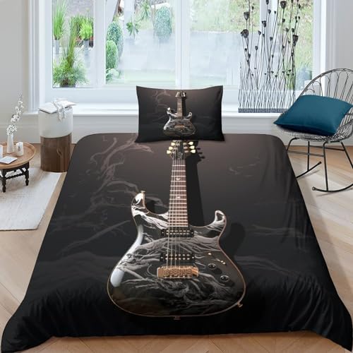 AAIRRA Bettwäsche Set Schwarze Gitarre Bettbezug Single（135x200cm） 3teilig Mikrofaser 3D Bedrucktes Bettbezug Mit Reißverschluss - Bettbezüge + Kissenbezüge von AAIRRA