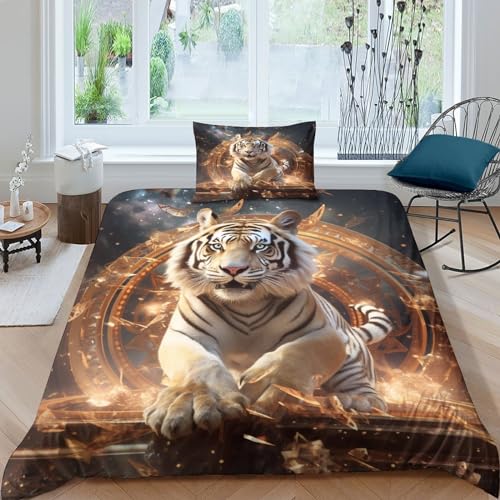 AAIRRA PrächTiger Tiger 3D Gedruckter Magischer Tiger Mädchen Junge Kinder Bettbezug Set Bettwäschegarnitur Weich Microfaser Und Kissenbezüge Reissverschluss Bettwäsche 2 teilig Single（135x200cm） von AAIRRA