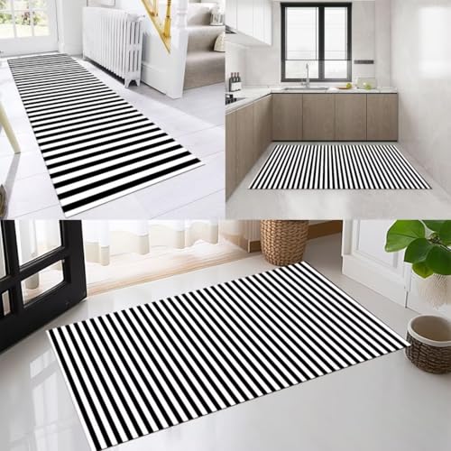 AAKSUS Läufer Flur Küche Waschbar rutschfest 40x60cm Modern Gestreift Schwarz Weiß Lang Küchenteppich Flurteppich Teppich Fur Korridor Wohnzimmer Schlafzimmer Meterware Anpassbar von AAKSUS