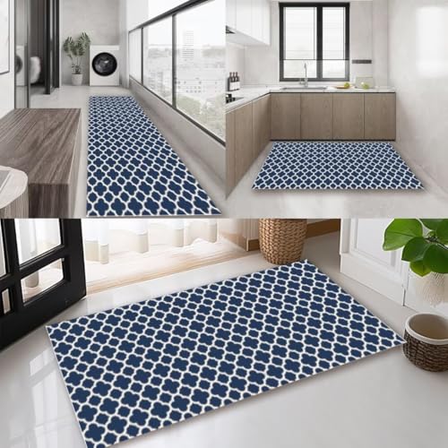 AAKSUS Läufer Lang Flur Rut Blau Weiß Schwarz Teppich Küche WohnzimmModern Geometrisch Flur Teppich Pad Waschbar 70x130cm Küche Teppich Schlafzimm Esszimm Polyest Metweise anpassbar von AAKSUS