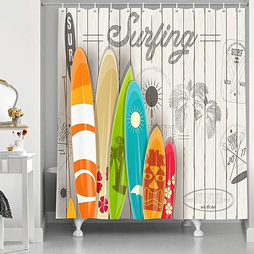 AALAYA Duschvorhang 180x200 cm Surfboard, aus Stoff Polyester Waschbar Anti Schimmel Hawaii Shower Curtains, Duschvorhänge Curtains mit 12 Haken von AALAYA