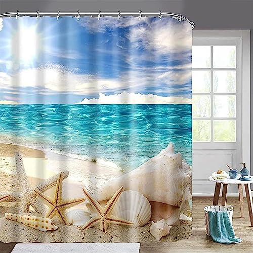 AALAYA Duschvorhang 200x200 cm Sea, aus Stoff Polyester Waschbar Anti Schimmel Seestern Shower Curtains, Duschvorhänge Curtains mit 12 Haken von AALAYA