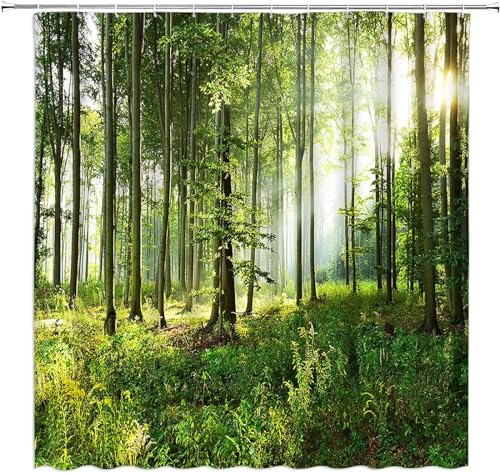 AALAYA Duschvorhang 200x200 cm Wald, aus Stoff Polyester Waschbar Anti Schimmel Sonnenlicht Shower Curtains, Duschvorhänge Curtains mit 12 Haken von AALAYA