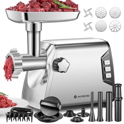 AAOBOSI #12 Fleischwolf, [3000W Max], 3 Geschwindigkeit Fleischwolf Elektrisch Schwerlast: 2 Klingen,4 Platten,3 Wurstfüller,Kibbe-Kit,Fleischklammer,Burger-Presse (Silber) von AAOBOSI
