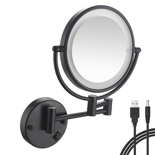 Kosmetikspiegel zur Wandmontage, 20,3 cm, USB, wiederaufladbar, zweiseitig, 1 x / 10 x Vergrößerung, Touch-Schalter, 360° Schminkspiegel für Badezimmer (Größe: 7-fach, Farbe: Mattschwarz) von AAOCLO
