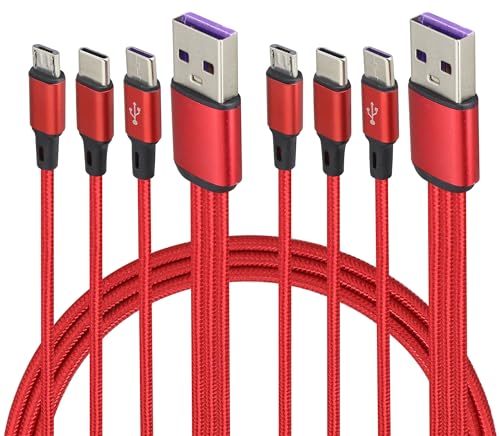 AAOTOKK 2-Stücke/4Fuß 3 in 1 USB A 2.0 Männlich zu Dual Type C Männlich+Micro USB Männlich zum Schnellen Laden,Geeignet für die Meisten Mobilen und Tablet Geräte(Rot-2Type C+1Micro) von AAOTOKK