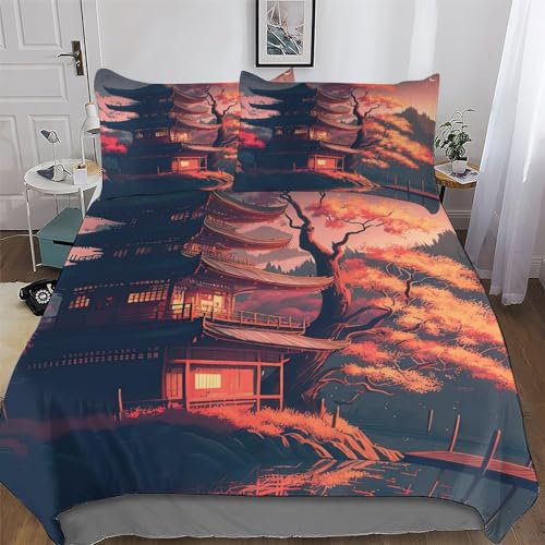 AAPZY Japanese Tempel Bettwäsche Set 2tlg Mit Kissenbezug Atmungsaktiver Mikrofaser Bettbezüge Bettbezug Für Optimales Schlafklima Für Erwachsene Teenager Kinder Single (135x200cm) von AAPZY
