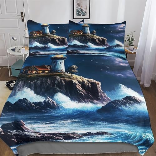 AAPZY Leuchtturm Bettbezüge Atmungsaktive Angenehme Bettwäsche Set Weiche Mikrofaser Bettbezug Mit Kissenbezug 3 Teilig Jungen Mädchen Deckenbezug King (220x240cm) von AAPZY