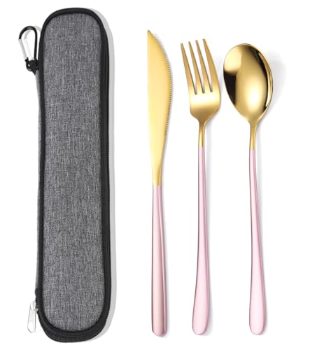 AARAINBOW Mittagessen Besteck Set für 1 Personen, 3 Teilig, Spiegelpoliert, Tragbar Flatware Set Edelstah Besteck, Reisen Messer Gabel Löffel Set mit Tasche, Geschirrspüler Sicher (Pink Gold) von AARAINBOW