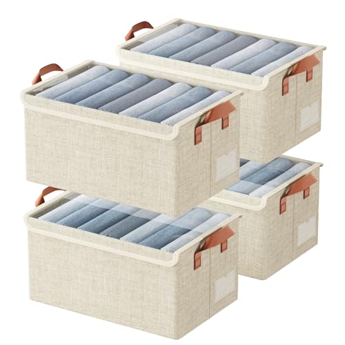 AARAINBOW Stoff Aufbewahrungsbox mit Deckel & Griff, 4 Stück Faltbare Aufbewahrung für Schrank, Stapelbare Aufbewahrungsbox für Kleidung Spielzeug, 40x27x21cm (4 Beige) von AARAINBOW