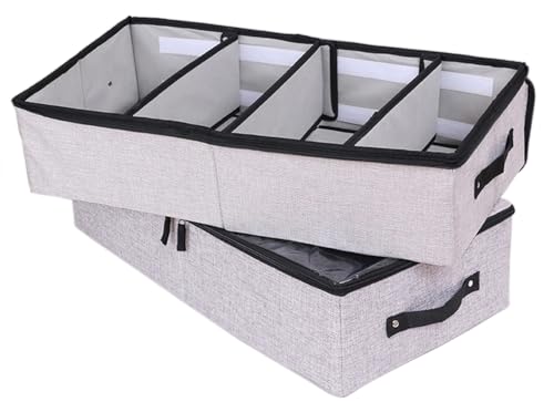 AARAINBOW Stoff Schuhe Unterbettkommode, Faltbare Unterbett Schuhe Kleidung Aufbewahrungsbox mit Verstellbaren Zellen, 2 Stück, 24L, 58 cm, Bettdecken Aufbewahrungsbox mit Deckel (2 Hellgrau) von AARAINBOW