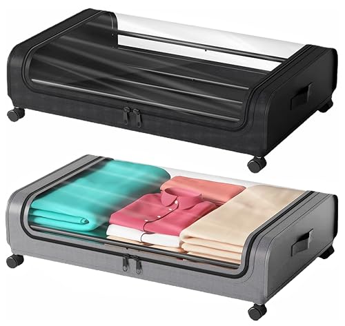 AARAINBOW Unterbett Aufbewahrungsbox mit Rollen, Metallrahmen Unterbettkommode für Schuhe Kleidung, 2 Stück, 48L, 360° Drehung, Faltbare Unterbettbox mit Transparenter Deckel (Schwarz+Grau) von AARAINBOW