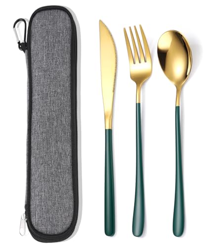 AARAINBOWI Mittagessen Besteck Set für 1 Personen, 3 Teilig, Spiegelpoliert, Tragbar Flatware Set Edelstah Besteck, Reisen Messer Gabel Löffel Set mit Tasche, Geschirrspüler Sicher (Grünes Gold) von AARAINBOW