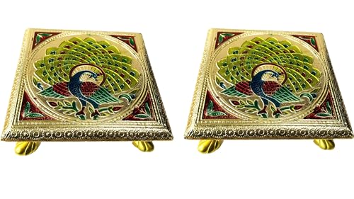 AARNAV Handgefertigter niedriger Tisch Bajath Bajot Chowki für Gott-Tempel oder Lampe oder Vase oder Hindu-Puja-Tisch, oxidierter Kupfertisch oder Minakari-Tisch aus Messing, 15,2 x 15,2 cm von AARNAV