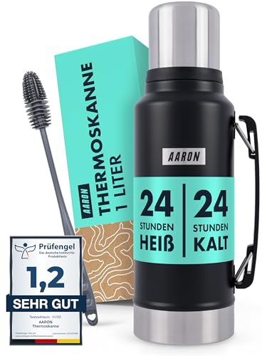 AARON Flask Thermoskanne 1L - mind. 24h Heiß/Kalt, auslaufsichere Trinkflasche aus Edelstahl, Spülmaschinenfest - Thermosflasche Edelstahl und schwarz von AARON