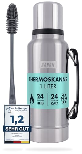 AARON Flask Thermoskanne 1L - mind. 24h Heiß/Kalt, auslaufsichere Trinkflasche aus Edelstahl, Spülmaschinenfest - Thermosflasche Edelstahl und schwarz von AARON