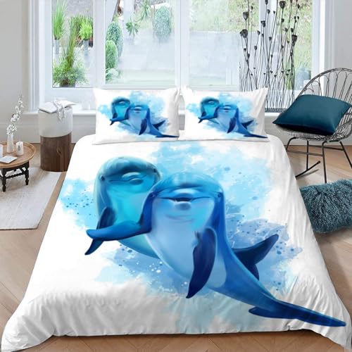 AASIRA Bettwäsche Delfin Bettbezug 155x220 mit Reißverschluss 100% Mikrofaser Bettwäsche-Sets Blaues Tier 3D Druck Kinder Teenager Pflegeleicht Betten Set mit 2 Kissenbezüge 80x80 cm von AASIRA