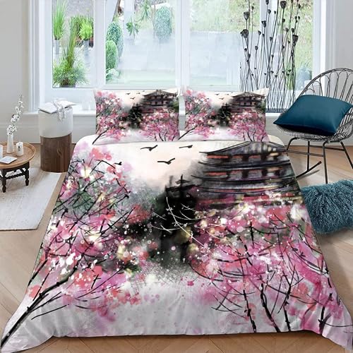 AASIRA Bettwäsche Japan Sakura Bettbezug 155x220 mit Reißverschluss 100% Mikrofaser Bettwäsche-Sets Japanische Landschaft 3D Druck Kinder Teenager Pflegeleicht Betten Set mit 2 Kissenbezüge 80x80 cm von AASIRA