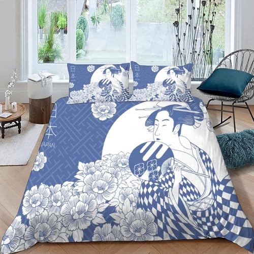 AASIRA Bettwäsche Japanischer Stil Bettbezug 155x220 mit Reißverschluss 100% Mikrofaser Bettwäsche-Sets Blau 3D Druck Kinder Teenager Pflegeleicht Betten Set mit 2 Kissenbezüge 80x80 cm von AASIRA