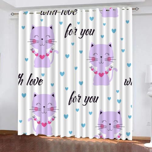 AASIRA Cartoon-Katze Verdunklungsvorhang für Kinderzimmer 3D Tiere Weiß Gardinen 2er Set (2X B 75 x H 166 cm) Thermovorhang Blickdicht mit ösen, Vorhänge Kurz für Wohnzimmer Schlafzimmer von AASIRA