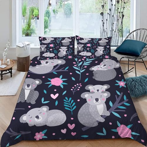 AASIRA Cartoon Koala Bettwäsche 135x200 Kinder Bettwäsche Kawaii Tiere Weiche Mikrofaser Bettbezug mit Reißverschluss Jungen Mädchen Bettwäsche-Set 3D Motiv Bettbezüge mit 2 Kissenbezug 80x80 von AASIRA