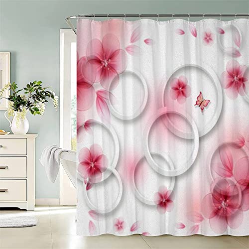 AASIRA Duschvorhang 180x200 Antischimmel Blumen Motiv Wasserdicht Textil Duschvorhänge Rosa Waschbar Polyester Badevorhang für Badewanne Badezimmer mit 12 Duschvorhangringen von AASIRA