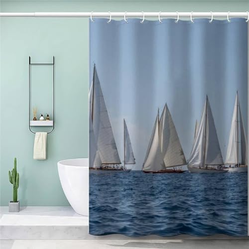 AASIRA Duschvorhang 180x200 Antischimmel Boot Wasserdicht Textil Duschvorhänge Nautisches Thema Waschbar Polyester Badevorhang für Badewanne Badezimmer mit 12 Duschvorhangringen von AASIRA