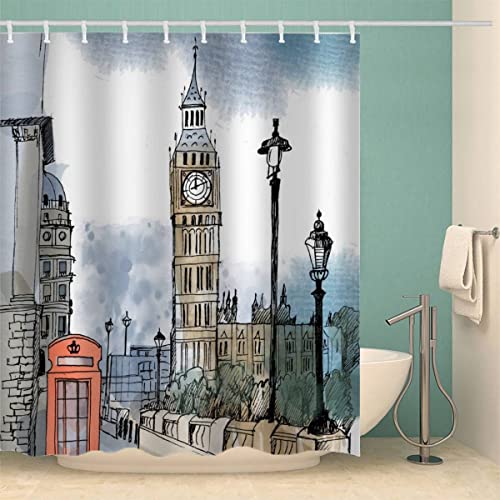 AASIRA Duschvorhang 180x200 Antischimmel Londoner Big Ben Wasserdicht Textil Duschvorhänge Landschaft Waschbar Polyester Badevorhang für Badewanne Badezimmer mit 12 Duschvorhangringen von AASIRA