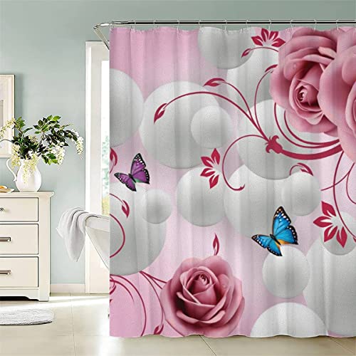 AASIRA Duschvorhang 180x200 Antischimmel Pinke Rose Motiv Wasserdicht Textil Duschvorhänge Schmetterling Blume Waschbar Polyester Badevorhang für Badewanne Badezimmer mit 12 Duschvorhangringen von AASIRA