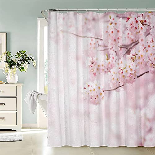 AASIRA Duschvorhang 180x200 Antischimmel Rosa Sakura Motiv Wasserdicht Textil Duschvorhänge Blumen Waschbar Polyester Badevorhang für Badewanne Badezimmer mit 12 Duschvorhangringen von AASIRA