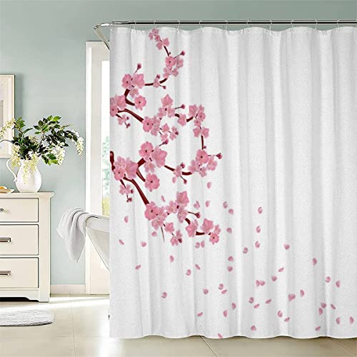 AASIRA Duschvorhang 180x200 Antischimmel Rosa Sakura Motiv Wasserdicht Textil Duschvorhänge Blumen Waschbar Polyester Badevorhang für Badewanne Badezimmer mit 12 Duschvorhangringen von AASIRA