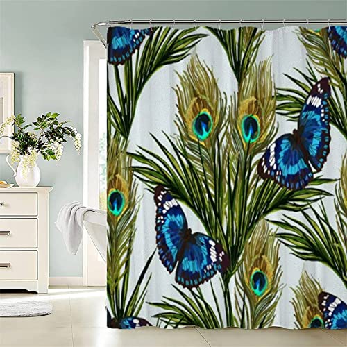 AASIRA Duschvorhang 180x200 Antischimmel Schmetterling Palmblatt Wasserdicht Textil Duschvorhänge Sommer Natur Waschbar Polyester Badevorhang für Badewanne Badezimmer mit 12 Duschvorhangringen von AASIRA