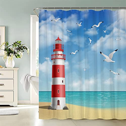 AASIRA Duschvorhang 180x200 Antischimmel Strand Motiv Wasserdicht Textil Duschvorhänge Leuchtturm Möwe Waschbar Polyester Badevorhang für Badewanne Badezimmer mit 12 Duschvorhangringen von AASIRA