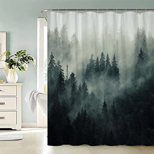 AASIRA Duschvorhang 180x200 Antischimmel Tannenwald Motiv Wasserdicht Textil Duschvorhänge Retro-Wald Waschbar Polyester Badevorhang für Badewanne Badezimmer mit 12 Duschvorhangringen von AASIRA