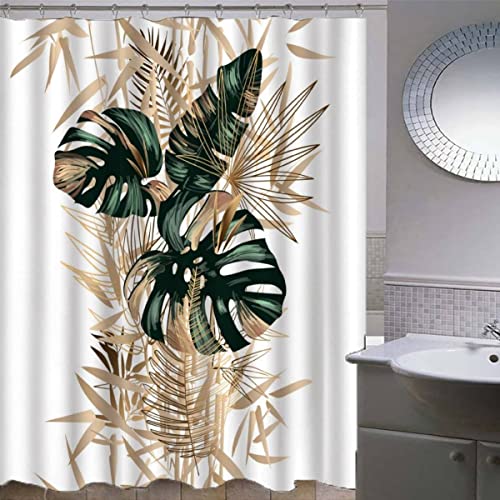 AASIRA Duschvorhang Anti-Schimmel Grünes Tropisches Blatt Badezimmer Badewanne Wasserdichter Duschvorhänge Gold Stoff Polyester Waschbar Badvorhang 180x180 cm Bad Vorhäng mit 12 Hooks von AASIRA