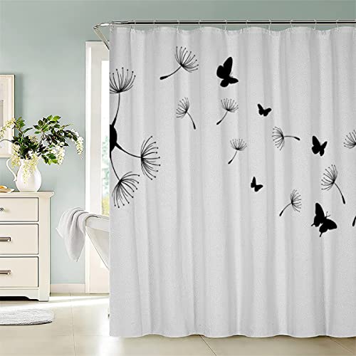 AASIRA Duschvorhang Anti-Schimmel Löwenzahn Schmetterling Badezimmer Badewanne Wasserdichter Duschvorhänge Natur Blumen Stoff Polyester Waschbar Badvorhang 180x180 cm Bad Vorhäng mit 12 Hooks von AASIRA