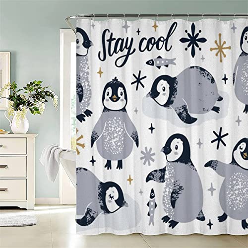 AASIRA Duschvorhang Anti-Schimmel Süßer Pinguin Badezimmer Badewanne Wasserdichter Duschvorhänge Cartoon-Tiere Stoff Polyester Waschbar Badvorhang 180x180 cm Bad Vorhäng mit 12 Hooks von AASIRA