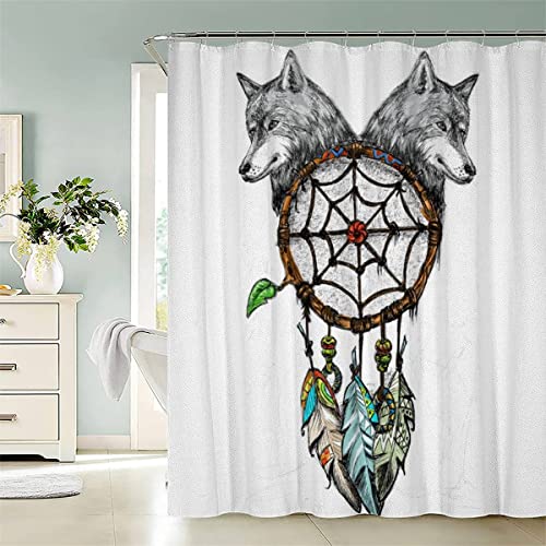 AASIRA Duschvorhang Anti-Schimmel Traumfänger Wolf Badezimmer Badewanne Wasserdichter Duschvorhänge Handgemalt Stoff Polyester Waschbar Badvorhang 180x180 cm Bad Vorhäng mit 12 Hooks von AASIRA