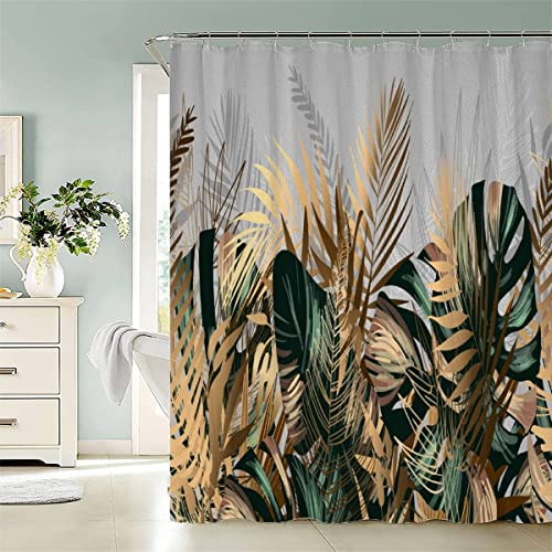 Duschvorhang Anti-Schimmel Tropisches Palmblatt Badezimmer Badewanne Wasserdichter Duschvorhänge Gold Grün Stoff Polyester Waschbar Badvorhang 180x180 cm Bad Vorhäng mit 12 Hooks von AASIRA