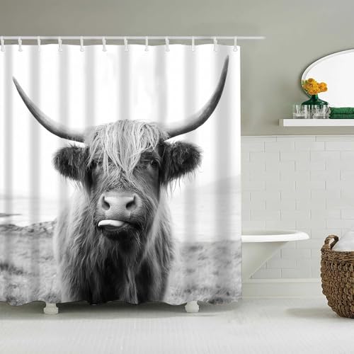 AASIRA Grau Kuh Duschvorhang Anti-Schimmel 120x180 Badezimmer Badewanne Wasserdichter Duschvorhänge Schwarz-Weiss Polyester Textil Waschbar Badvorhang mit 12 Duschvorhang Hake C433 von AASIRA