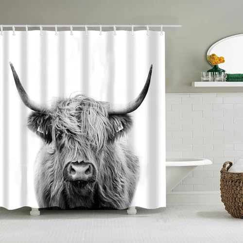 AASIRA Grau Kuh Duschvorhang Anti-Schimmel 120x180 Badezimmer Badewanne Wasserdichter Duschvorhänge Schwarz-Weiss Polyester Textil Waschbar Badvorhang mit 12 Duschvorhang Hake C457 von AASIRA