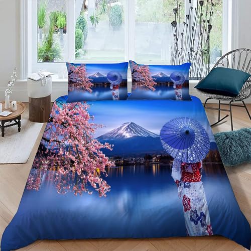 AASIRA Japan Sakura Bettwäsche 135x200 Kinder Bettwäsche Japanische Landschaft Weiche Mikrofaser Bettbezug mit Reißverschluss Jungen Mädchen Bettwäsche-Set 3D Motiv Bettbezüge mit 2 Kissenbezug 80x80 von AASIRA