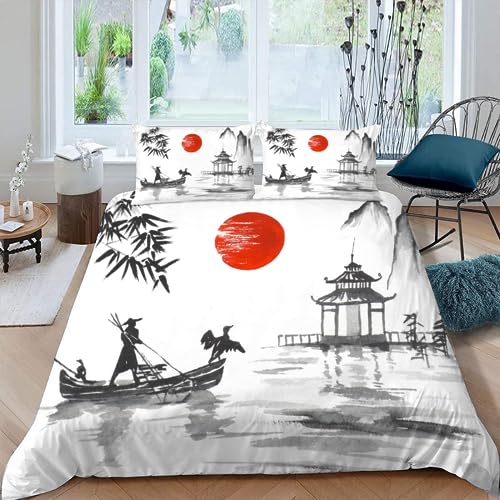 AASIRA Japan Sakura Bettwäsche 135x200 Kinder Bettwäsche Landschaft Weiche Mikrofaser Bettbezug mit Reißverschluss Jungen Mädchen Bettwäsche-Set 3D Motiv Bettbezüge mit 2 Kissenbezug 80x80 von AASIRA